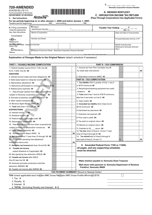 Form 720Amended Amended Kentucky Corporation Tax Return
