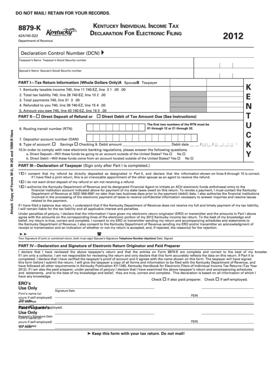 Form 8879-, (State Form 42a740-S22) - Kentucky Individual Income Tax Declaration For Electronic Filing - 2012 Printable pdf