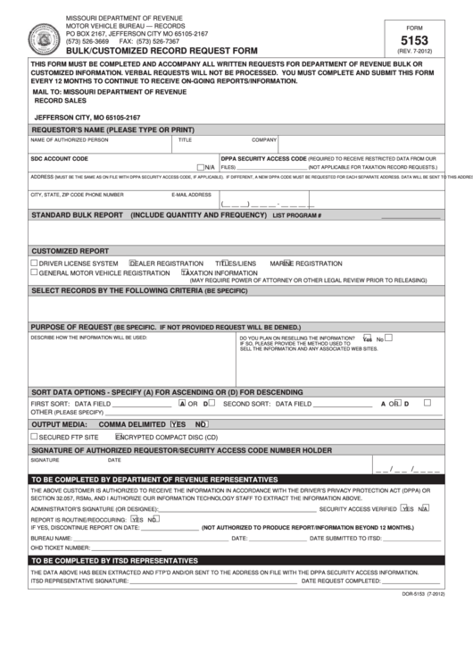 Fillable Form 5153 - Bulk/customized Record Request Form Printable pdf