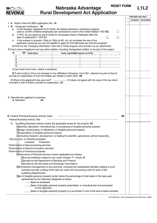 Fillable Form L1l2 - Nebraska Advantage Rural Development Act Application Printable pdf