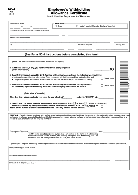 Form Nc-4 - Employee's Withholding Allowance Certificate - North Carolina Department Of Revenue