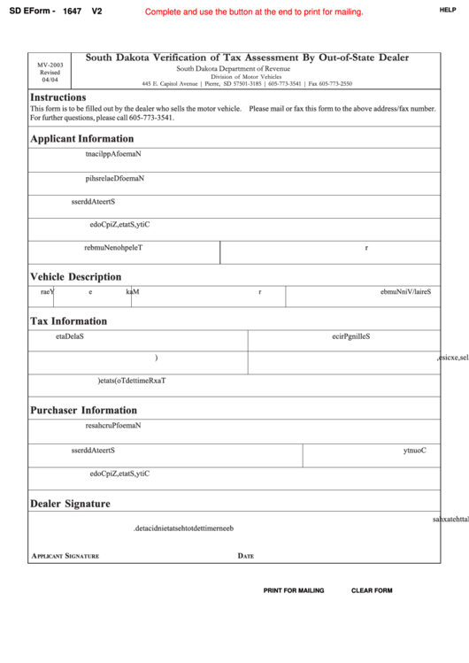 Fillable Sd Eform 1647 V2 - South Dakota Verification Of Tax Assessment By Out-Of-State Dealer Printable pdf