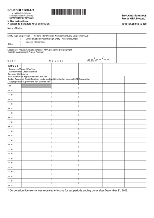 Fillable Schedule Kira-T (Form 41a720-S25) - Tracking Schedule For A Kira Project Printable pdf