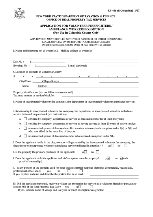 Fillable Form Rp-466-D [columbia] - Application For Volunteer Firefighters / Ambulance Workers Exemption Printable pdf