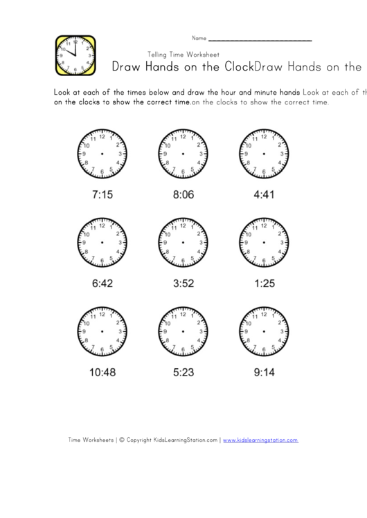 Draw Hands On The Clock - Telling Time Worksheet Printable pdf