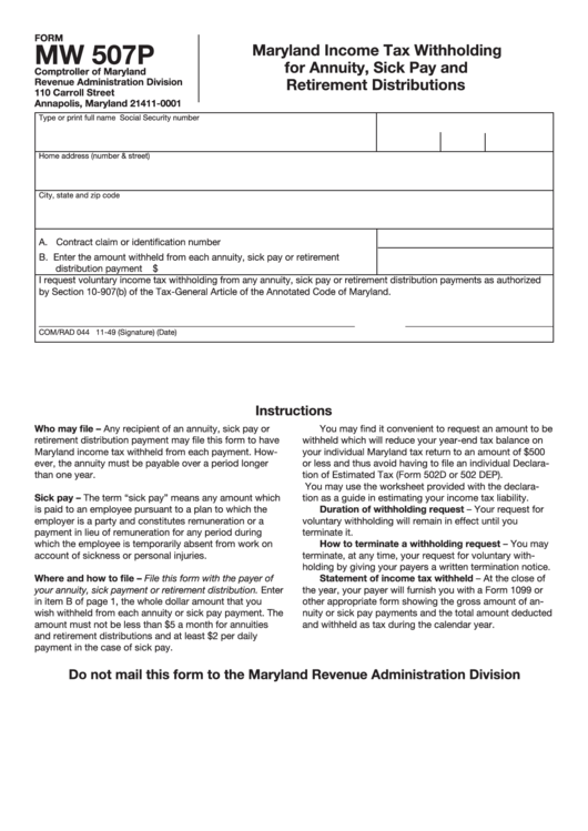 Fillable Form Mw 507p - Maryland Income Tax Withholding For Annuity, Sick Pay And Retirement Distributions Printable pdf