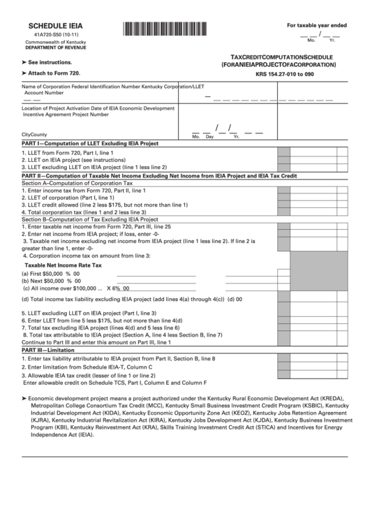 Fillable Schedule Ieia (Form 41a720-S50) - Tax Credit Computation Schedule (For An Ieia Project Of A Corporation Printable pdf