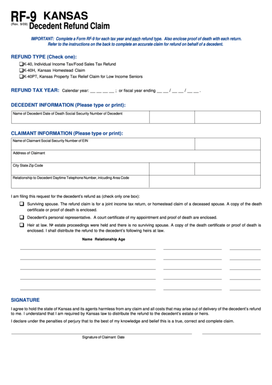 Form Rf-9 - Decedent Refund Claim Printable pdf