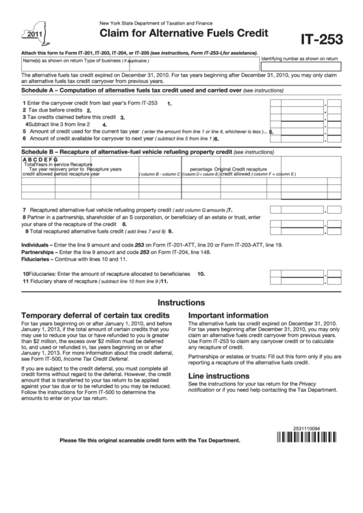 Fillable Form It-253 - Claim For Alternative Fuels Credit - 2011 Printable pdf