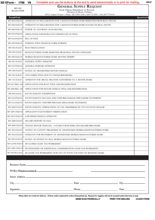 Fillable Sd Eform 1796 V6 - General Supply Request Printable pdf