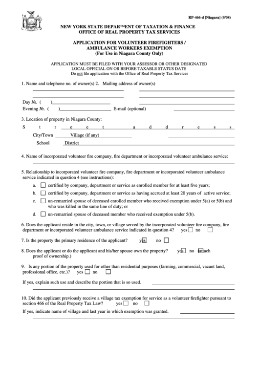 Fillable Form Rp-466-D [niagara] - Application For Volunteer Firefighters / Ambulance Workers Exemption Printable pdf