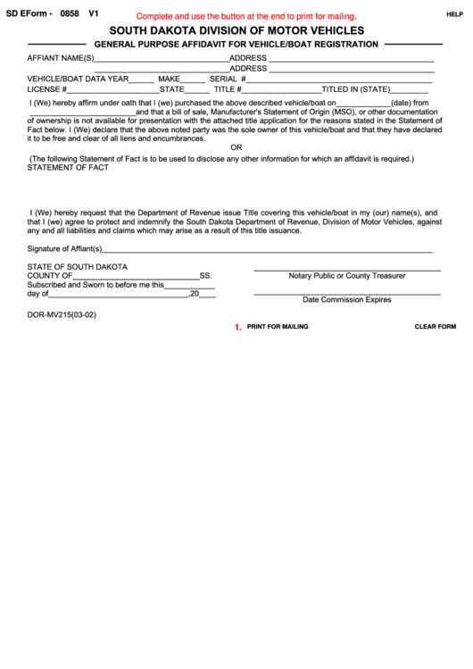 Fillable Sd Eform 0858 V1 - General Purpose Affidavit For Vehicle/boat Registration Printable pdf