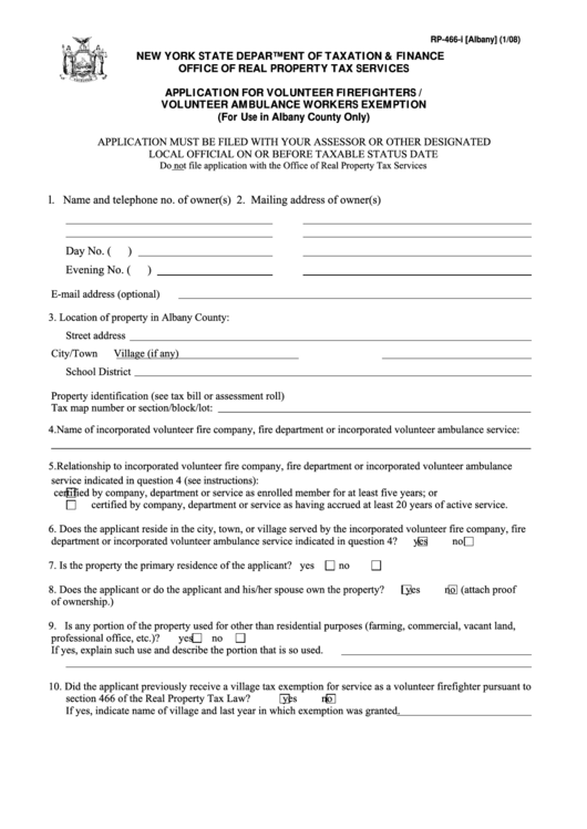 Fillable Form Rp-466-I [albany] - Application For Volunteer Firefighters / Volunteer Ambulance Workers Exemption Printable pdf
