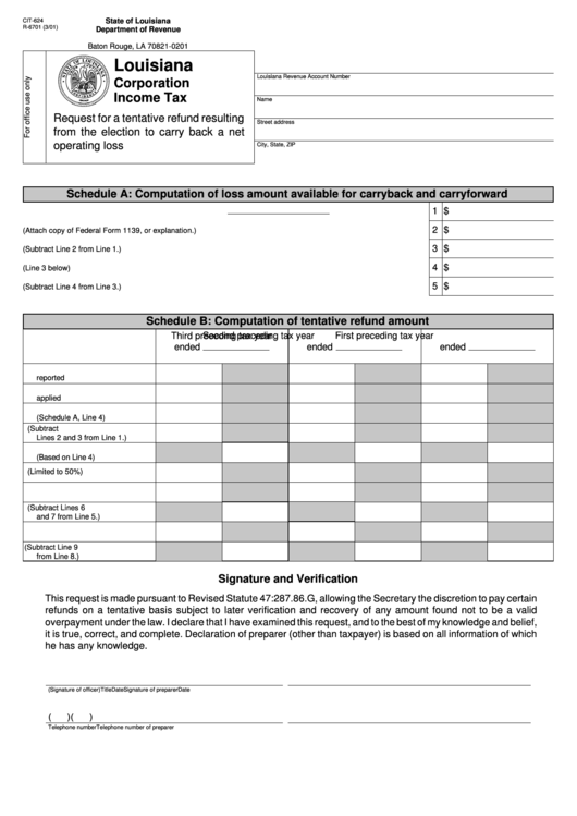 Fillable Form Cit-624 - Louisiana Corporation Income Tax Printable pdf