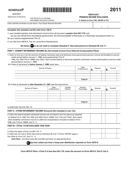 Schedule P (Form 42a740-P) - Kentucky Pension Income Exclusion - 2011 Printable pdf