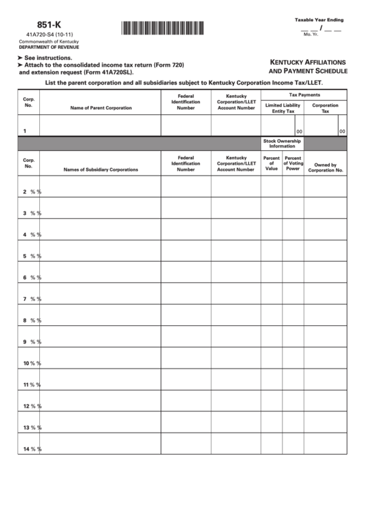 Form 851-K - Kentucky Affiliations And Payment Schedule Printable pdf