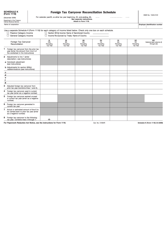 Fillable Form 1118 Schedule K - Foreign Tax Carryover Reconciliation Schedule - 2009 Printable pdf