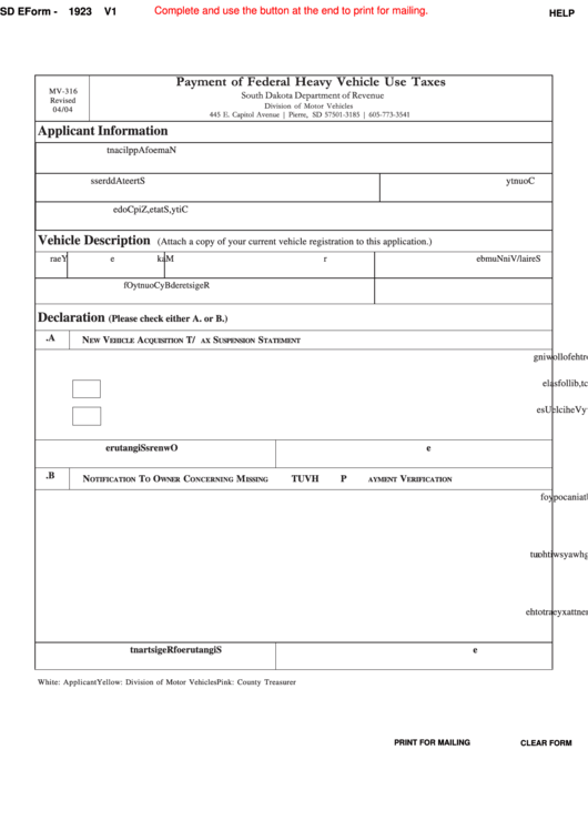 Fillable Sd Eform 1923 V1 - Payment Of Federal Heavy Vehicle Use Taxes Printable pdf