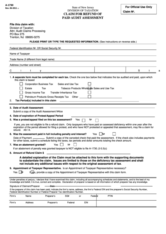 Fillable Form A-1730 - Claim For Refund Of Paid Audit Assessment Printable pdf