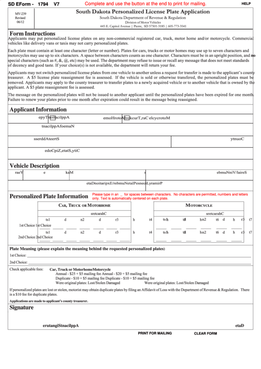 Fillable Sd Eform 1794 V7 - South Dakota Personalized License Plate Application Printable pdf