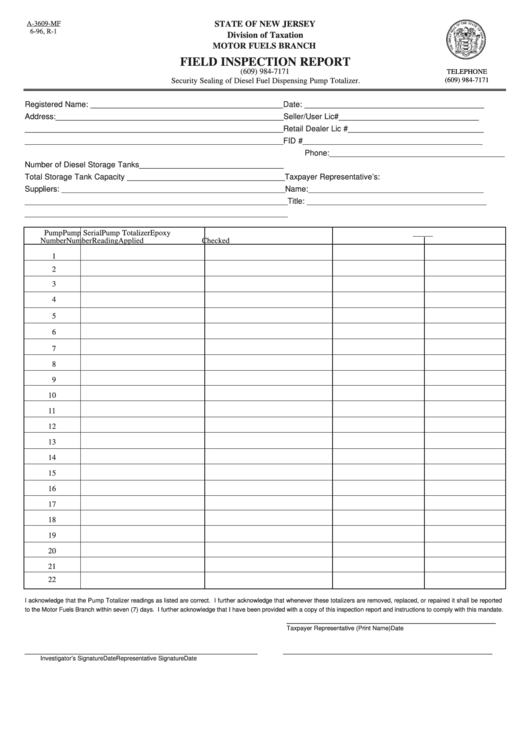 Fillable Form A-3609-Mf - Field Inspection Report Printable pdf