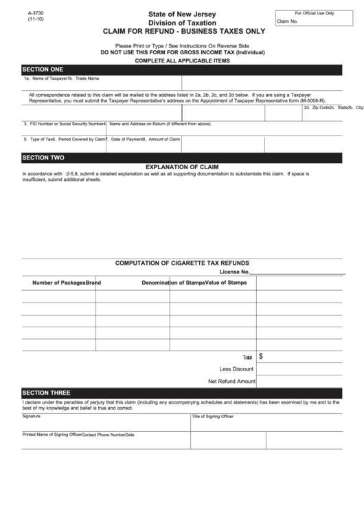 Fillable Form A-3730 - Claim For Refund - Business Taxes Only Printable pdf