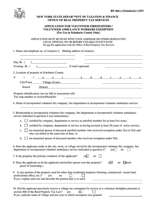 Fillable Form Rp466E [schoharie] Application For Volunteer Firefighters / Volunteer