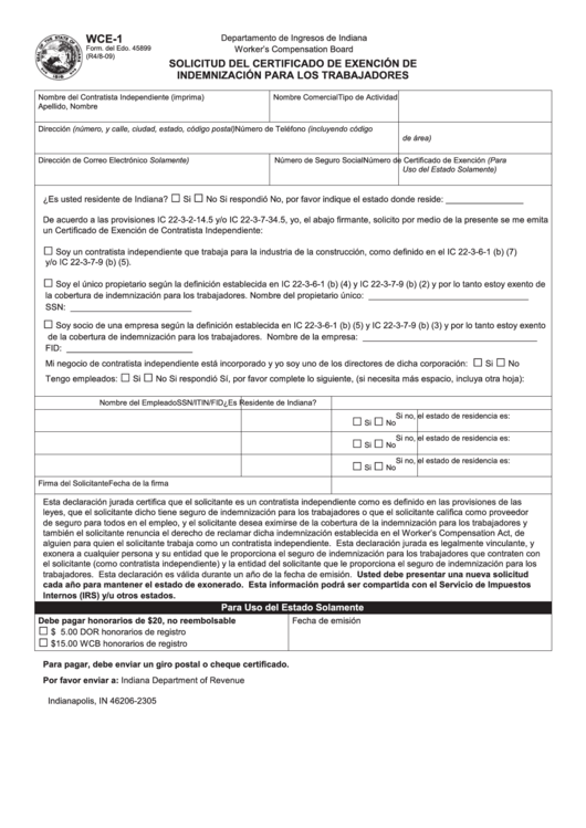 Fillable Form Wce-1 - Solicitud Del Certificado De Exencion De Indemnizacion Para Los Trabajadores Printable pdf
