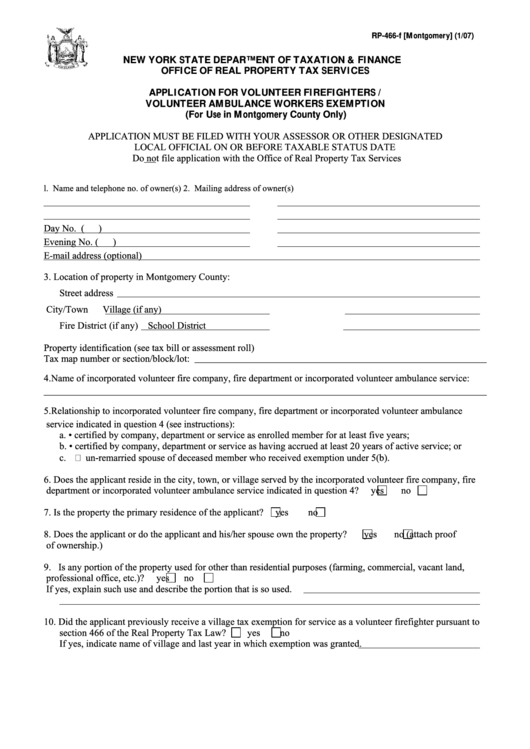 Fillable Form Rp-466-F [montgomery] - Application For Volunteer Firefighters / Volunteer Ambulance Workers Exemption Printable pdf