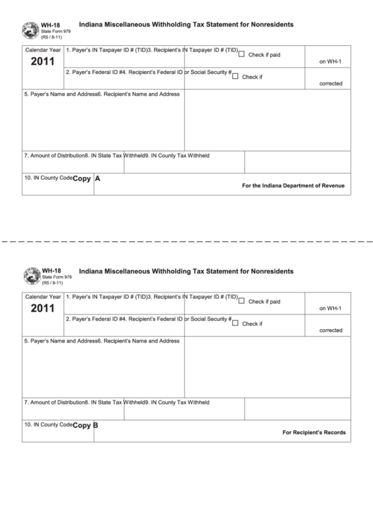 Form Wh-18 - Indiana Miscellaneous Withholding Tax Statement For Nonresidents - 2011
