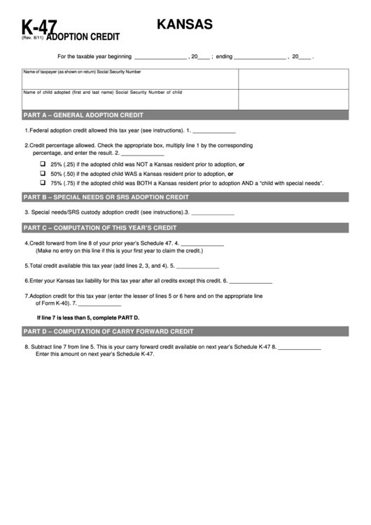 Fillable Schedule K-47 - Kansas Adoption Credit Printable pdf