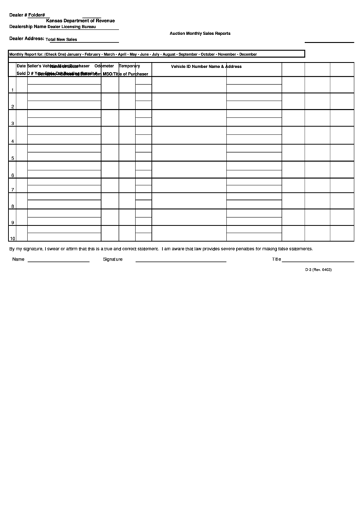 Fillable Form D-3 - Auction Monthly Sales Reports Printable pdf