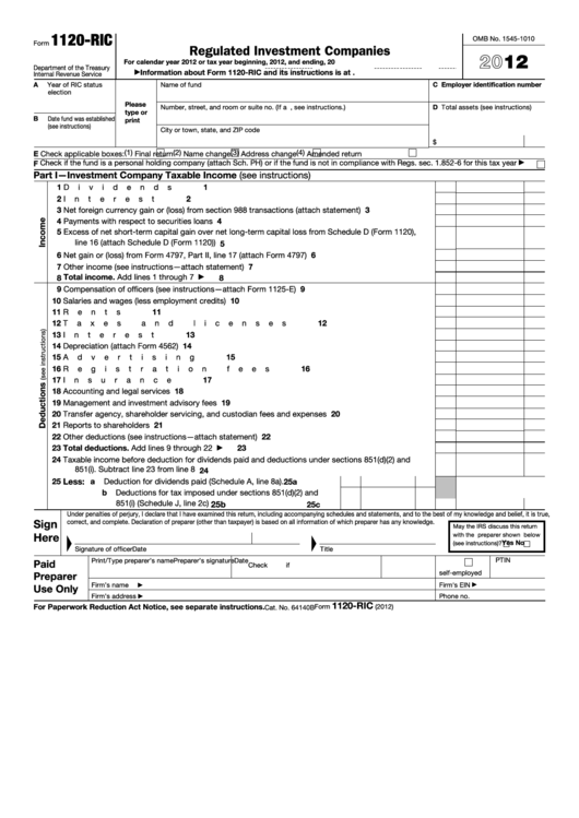 Fillable Form 1120-Ric - U.s. Income Tax Return For Regulated Investment Companies - 2012 Printable pdf