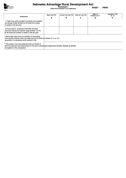 Fillable Nebraska Advantage Rural Development Act Form - Worksheet I Printable pdf