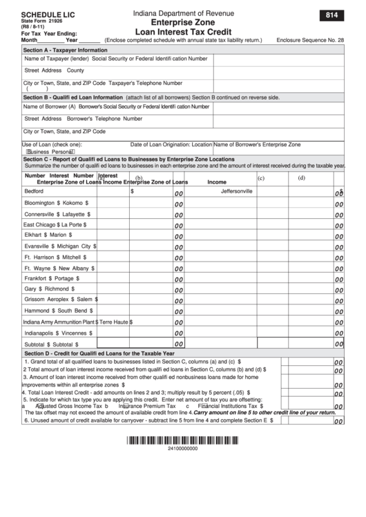 Fillable Schedule Lic (State Form 21926) - Enterprise Zone Loan Interest Tax Credit Printable pdf