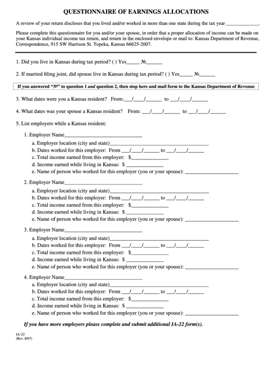 Form Ia-22 - Questionnaire Of Earnings Allocations Printable pdf