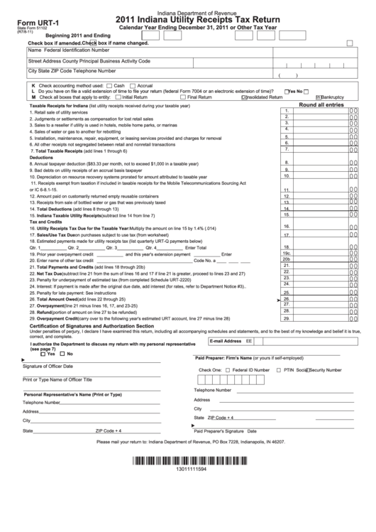 Fillable Form Urt-1 - Indiana Utility Receipts Tax Return - 2011 Printable pdf