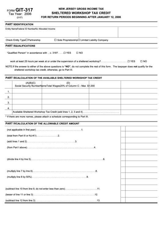 Fillable Form Git-317 - Sheltered Workshop Tax Credit - New Jersey Gross Income Tax - 2006 Printable pdf