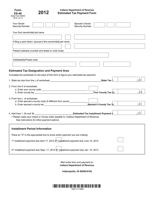 Fillable Form Es-40 - Estimated Tax Payment Form - 2012 Printable pdf