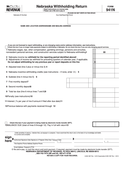 Form 941n - Nebraska Withholding Return Printable pdf