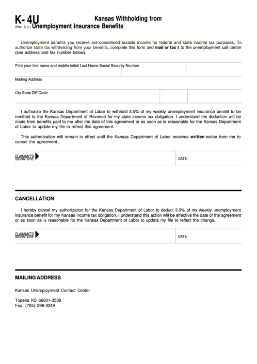 Fillable Form K- 4u - Kansas Withholding From Unemployment Insurance Benefits Printable pdf