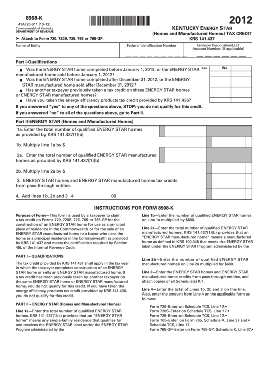 Form 8908-K (State Form 41a720-S11) - Kentucky Energy Star (Homes And Manufactured Homes) Tax Credit - 2012 Printable pdf