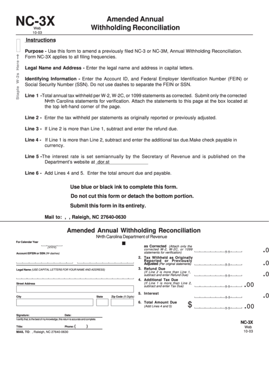 Form Nc-3x - Amended Annual Withholding Reconciliation - North Carolina Department Of Revenue Printable pdf