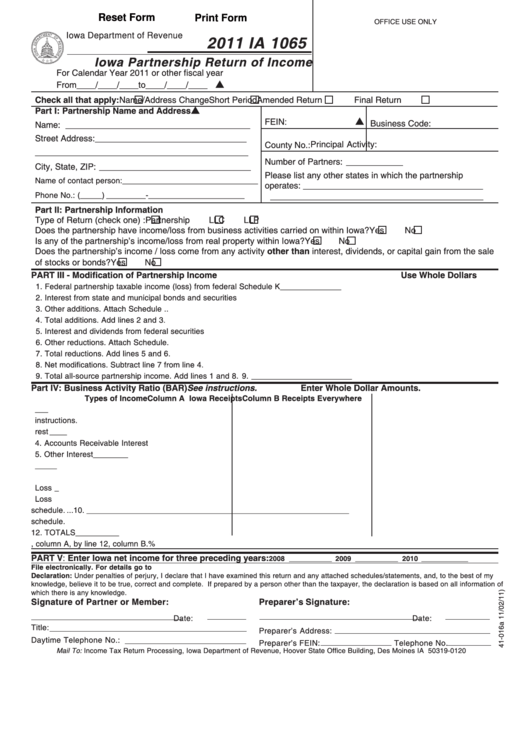 Fillable Form Ia 1065 - Iowa Partnership Return Of Income - 2011 Printable pdf
