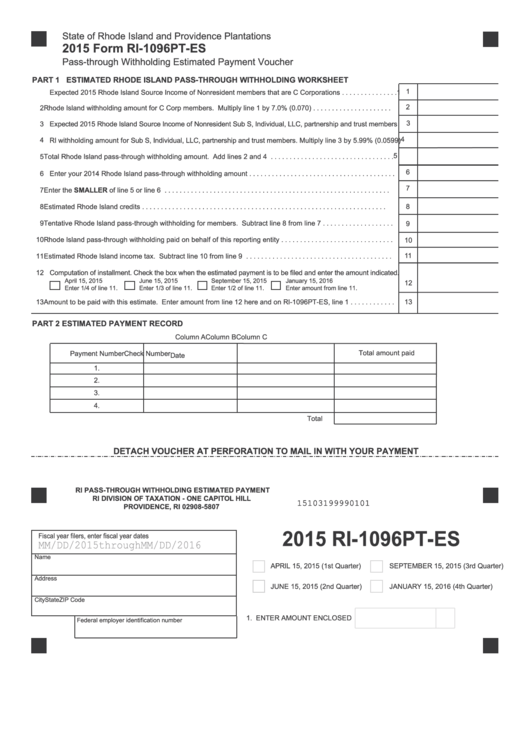 Form Ri-1096pt-es - Pass-through Withholding Estimated Payment Voucher - 2015