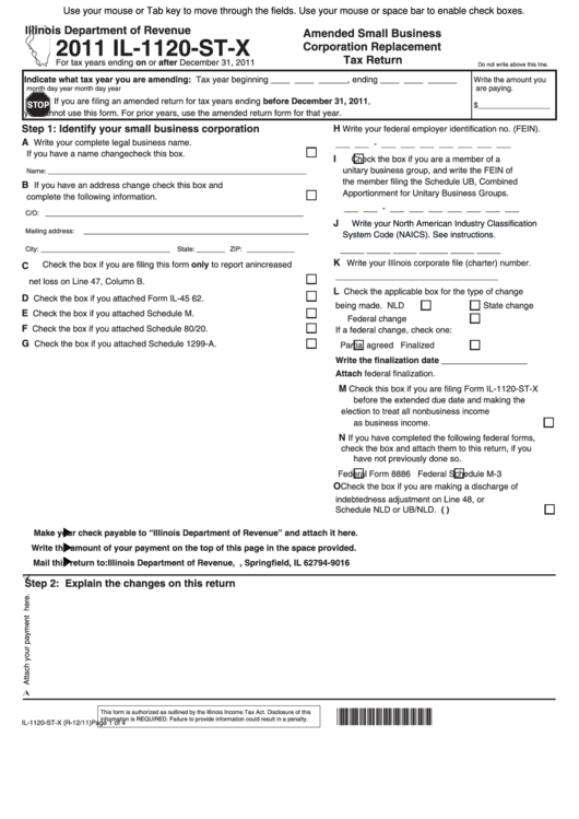 Fillable Form Il-1120-St-X - Amended Small Business Corporation Replacement Tax Return - 2011 Printable pdf