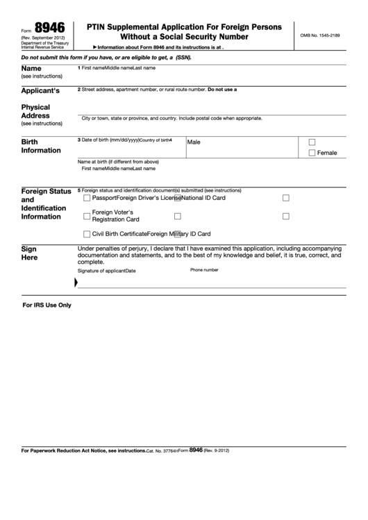Fillable Form 8946 - Ptin Supplemental Application For Foreign Persons Without A Social Security Number Printable pdf