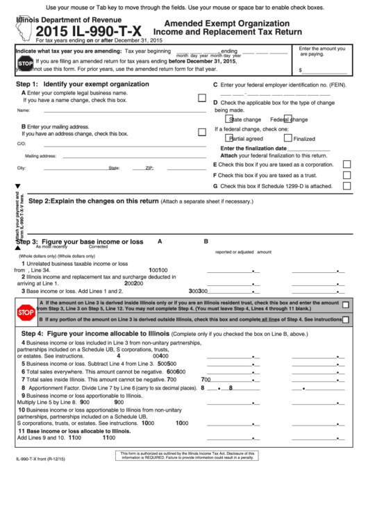Fillable Form Il-990-T-X - Amended Exempt Organization Income And Replacement Tax Return - 2015 Printable pdf