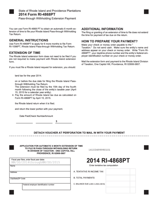 Fillable Form Ri-4868pt - Pass-Through Withholding Extension Payment - 2014 Printable pdf