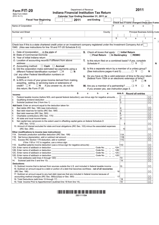 Fillable Form Fit-20 - Indiana Financial Institution Tax Return - 2011 Printable pdf